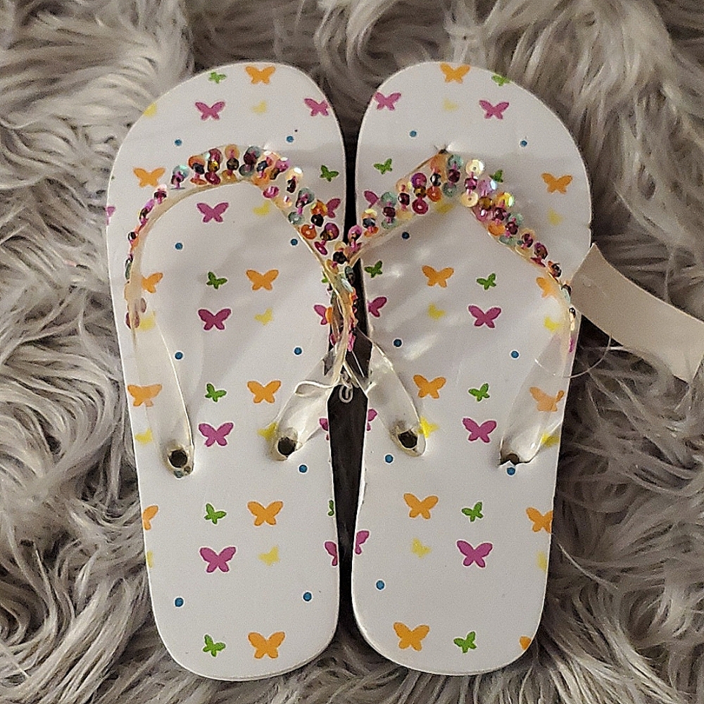 NWT Sequined Butterfly Flip Flops